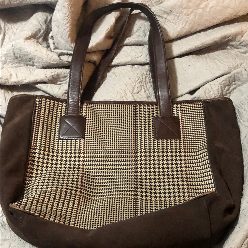 Lauren Brown Plaid Tote Bag with Leather Straps